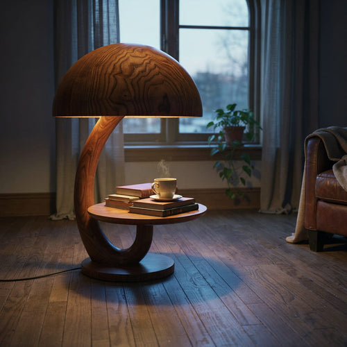 Authentic Hand-Carved Solid Wood Mushroom Lamp Side Table - Sculptural Dual-Function Accent Light