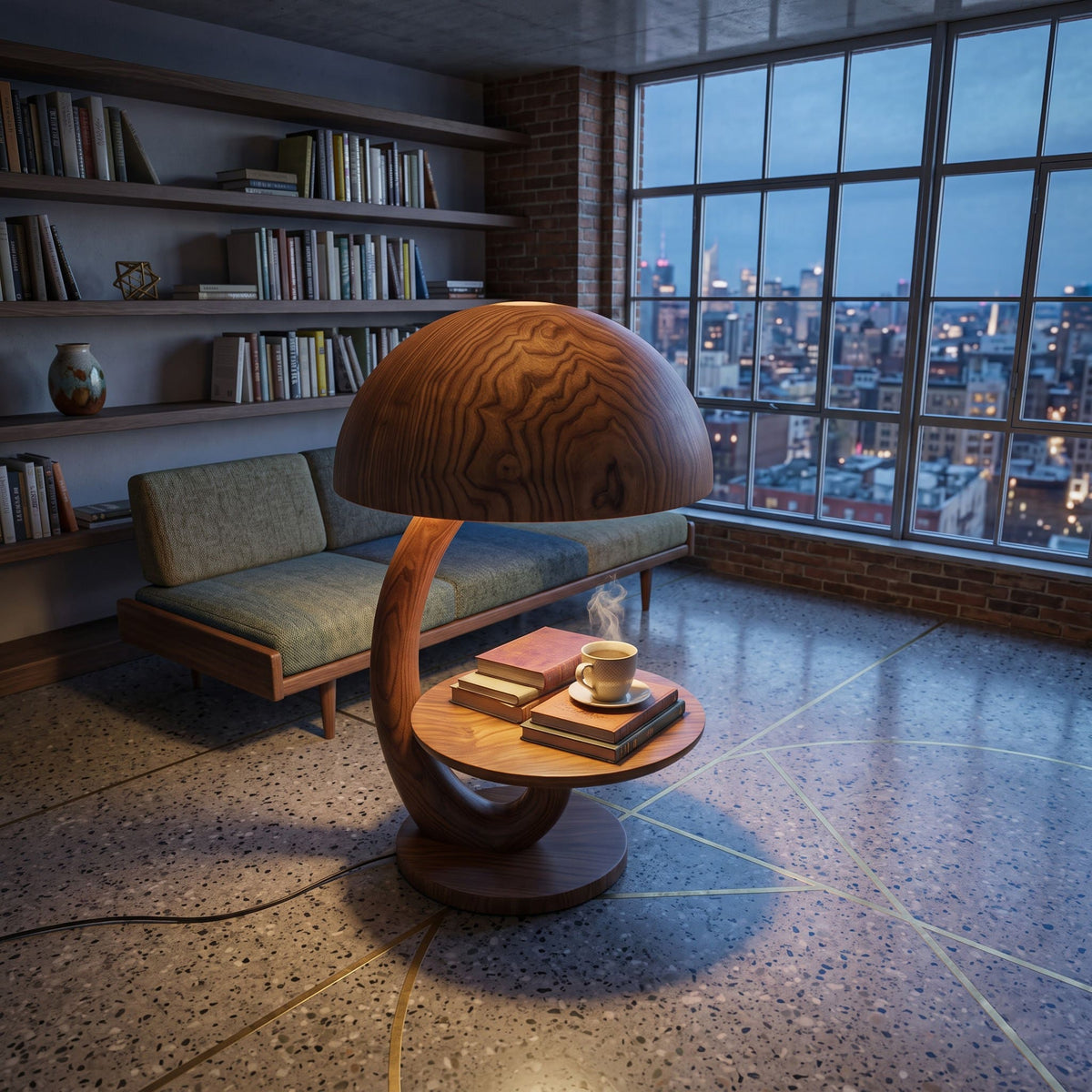 Organic solid wood mushroom side table with integrated lighting in a cozy reading nook