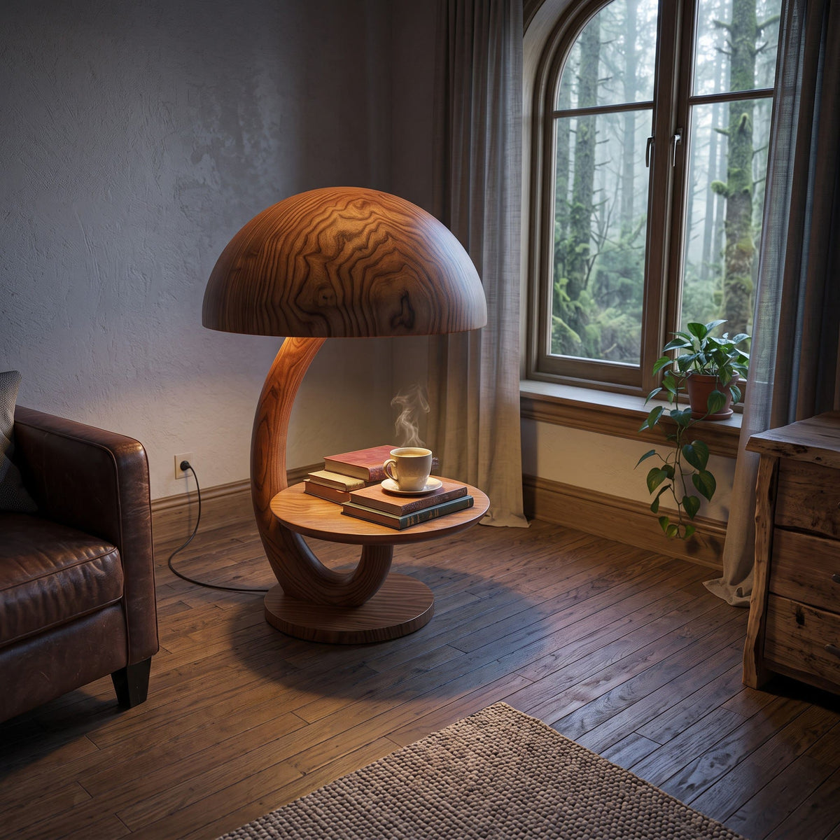 Hand-carved solid wood mushroom lamp showcased as a sculptural accent beside seating