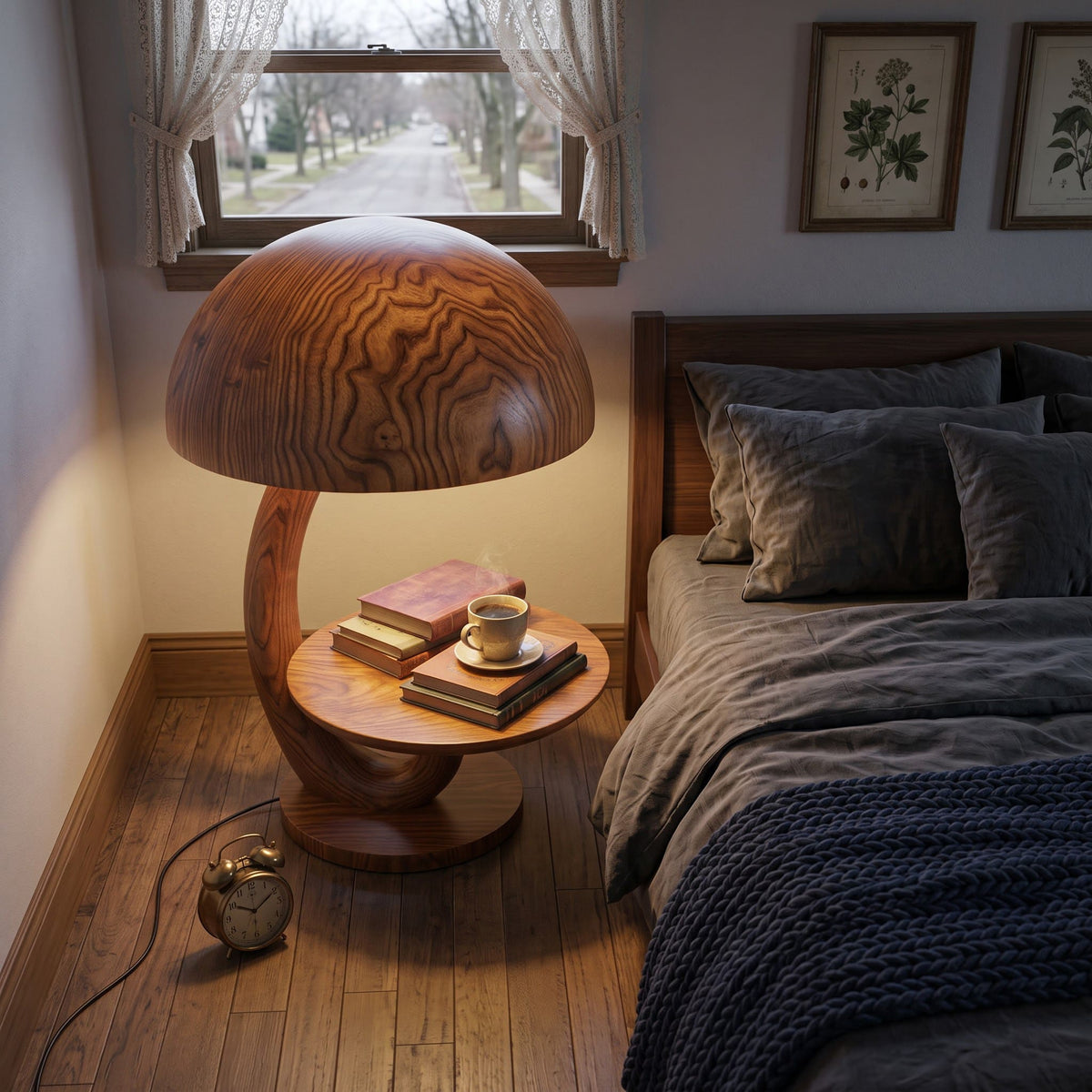 Artistic solid wood lamp table enhancing a minimalist bedroom interior