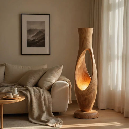 Authentic Hand-Carved Solid Wood Sculptural Floor Lamp - Monolithic Ambient Vessel