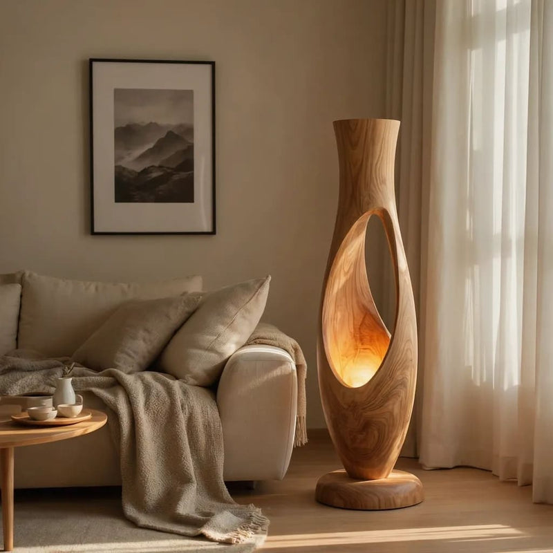 Authentic hand-carved sculptural floor lamp in solid wood