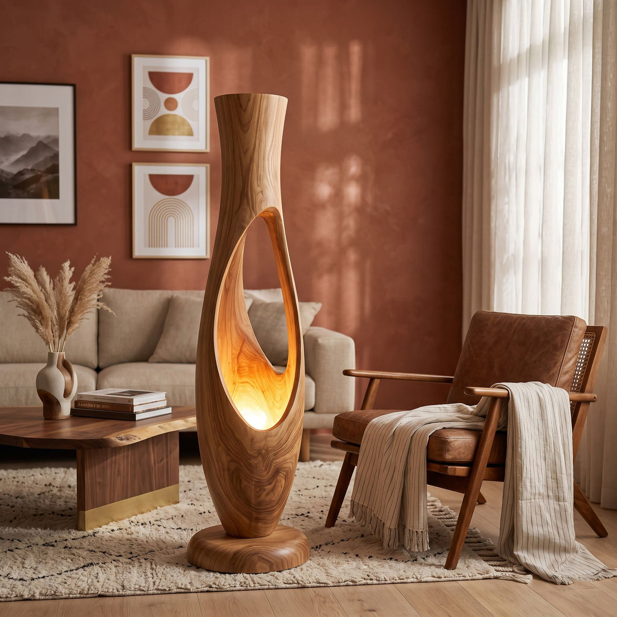 Authentic hand-carved solid wood sculptural floor lamp in a contemporary living room
