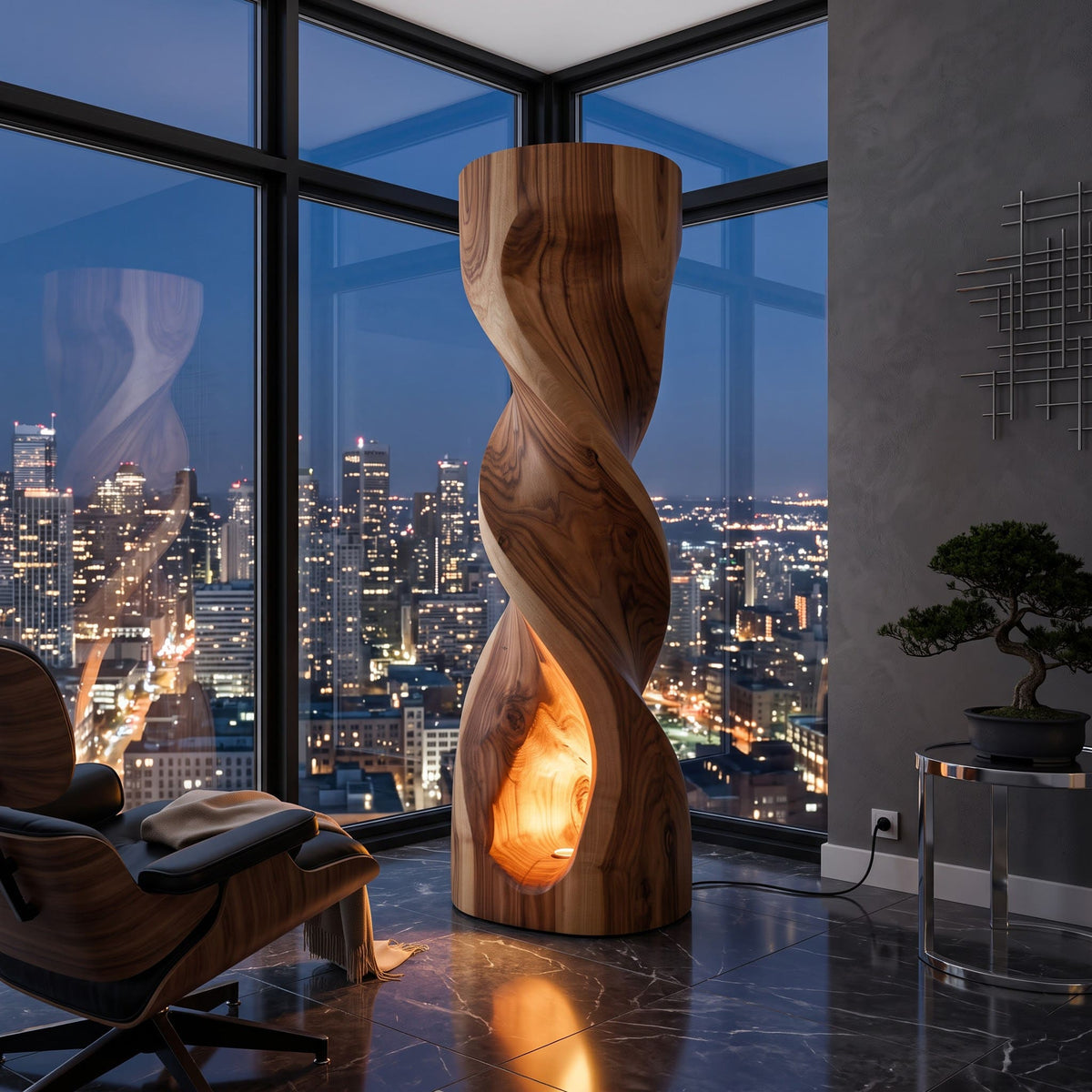 Authentic Hand-Carved Solid Wood Spiral Floor Lamp - Sculptural Ambient Light Pillar