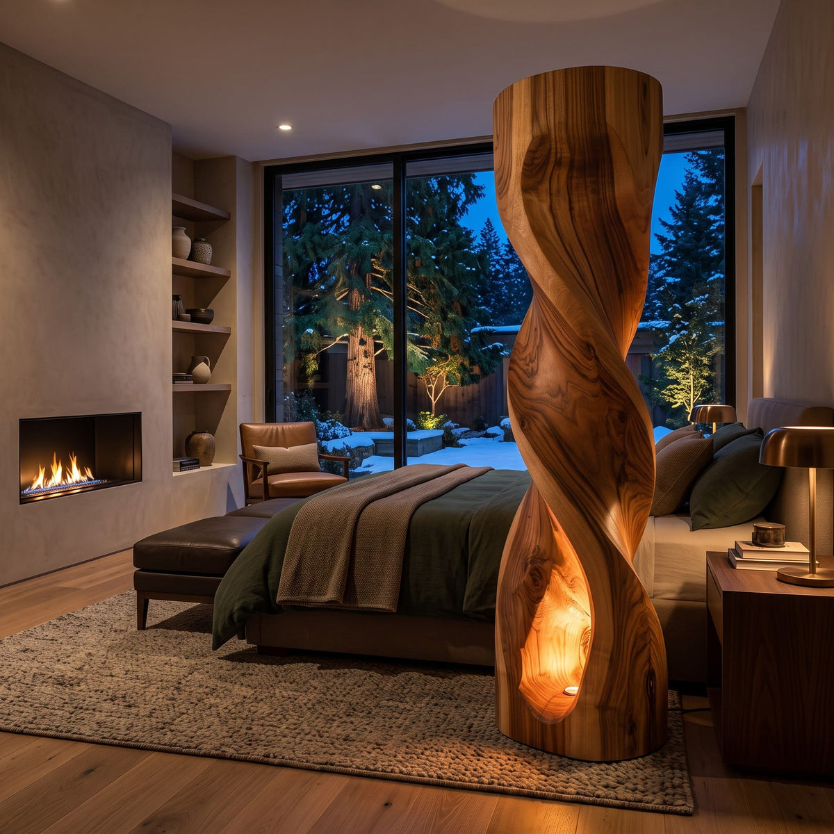 Authentic Hand-Carved Solid Wood Spiral Floor Lamp - Sculptural Ambient Light Pillar