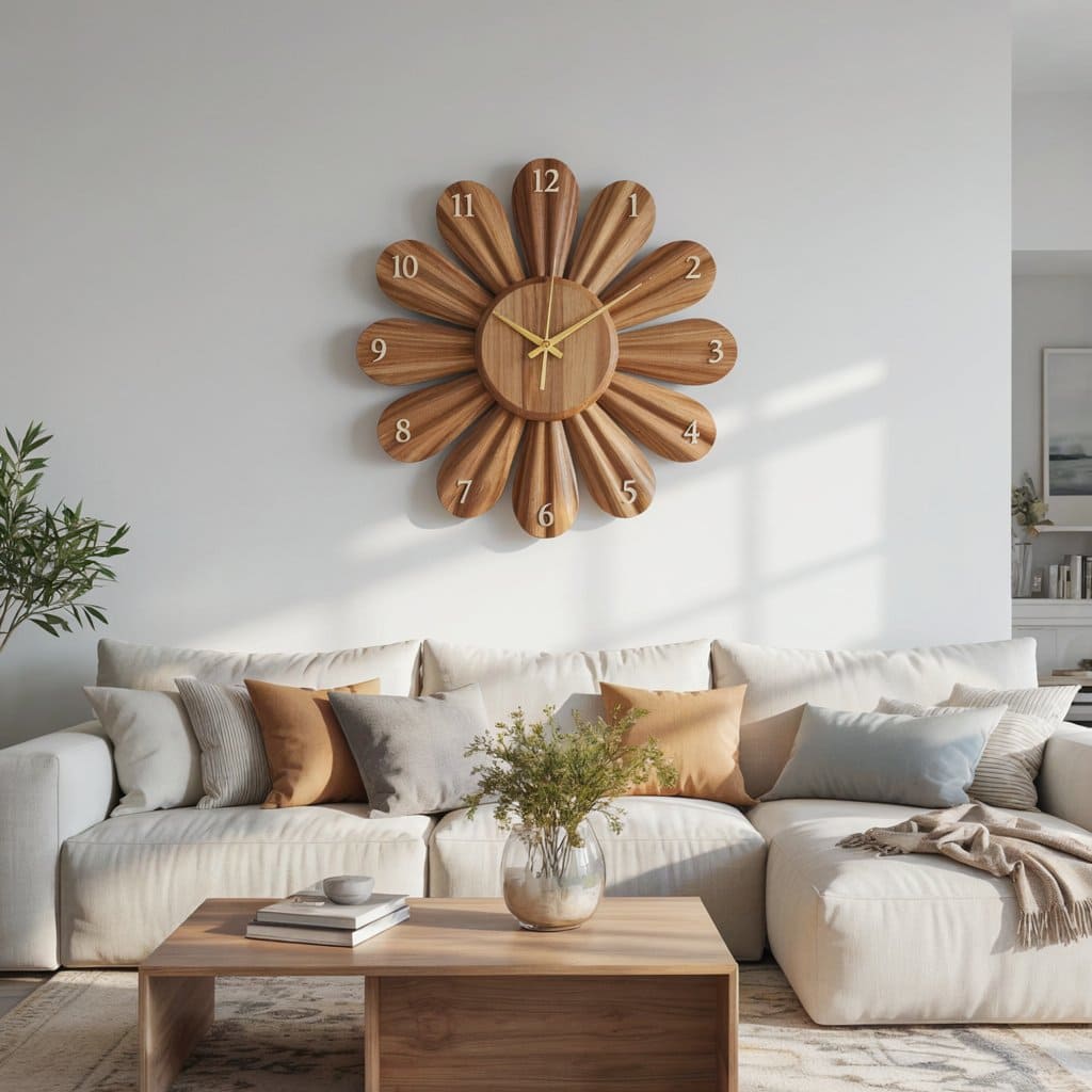 Authentic hand-carved sunflower wall clock in solid wood
