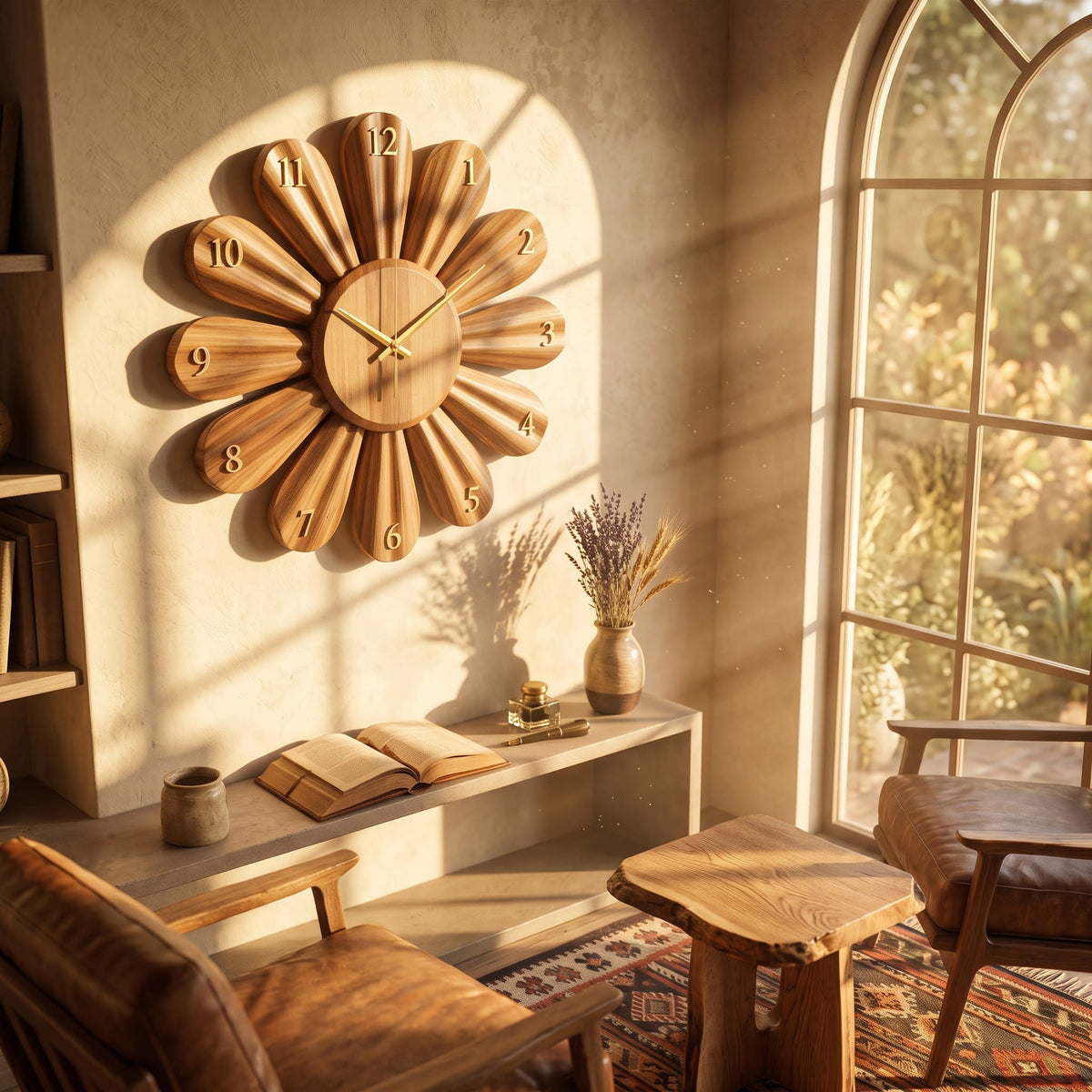 Hand-carved solid wood sunflower wall clock showcased as functional sculptural décor