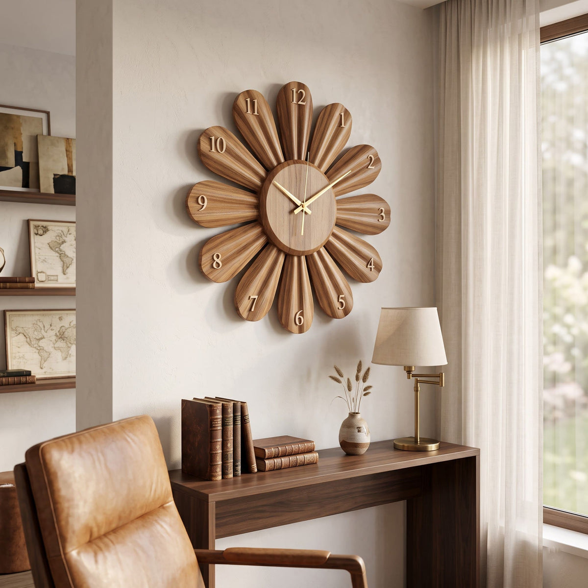 Sculptural solid wood sunflower wall art styled in a modern interior