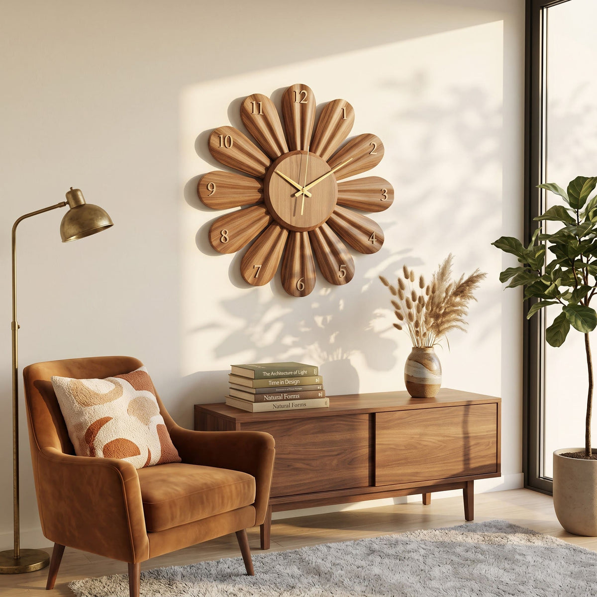 Organic solid wood sunflower clock displayed in a minimalist living space