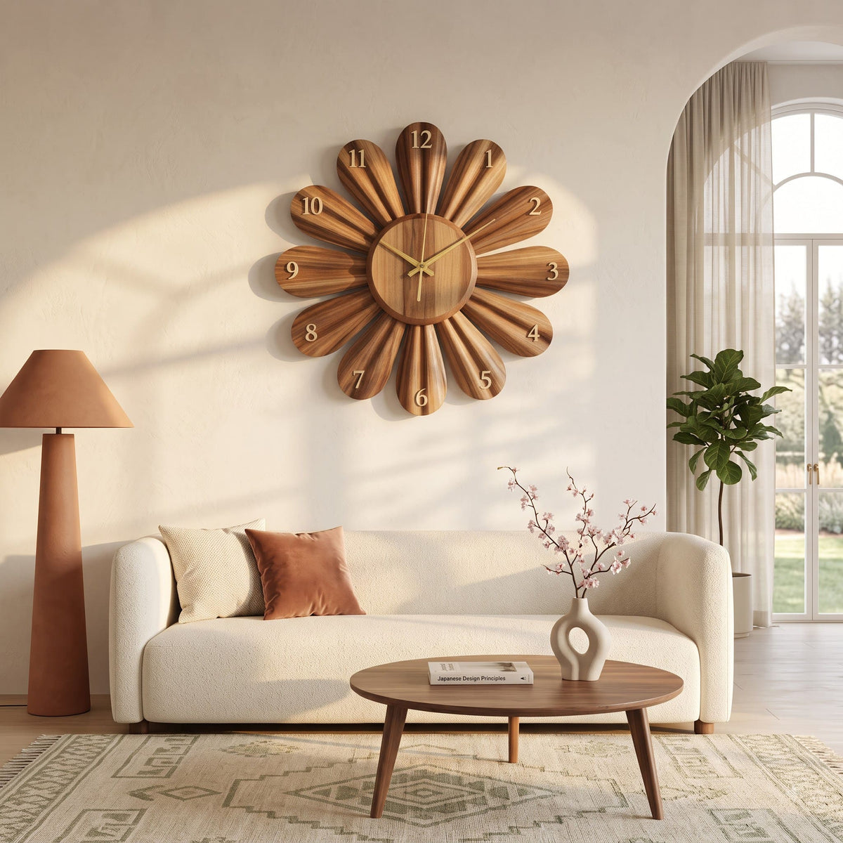 Authentic hand-carved solid wood sunflower wall clock in a contemporary living room
