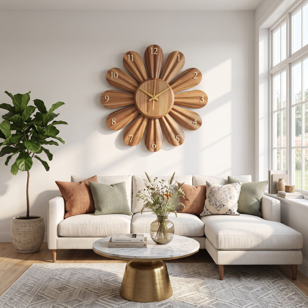 Organic solid wood sunflower clock displayed in a minimalist living space