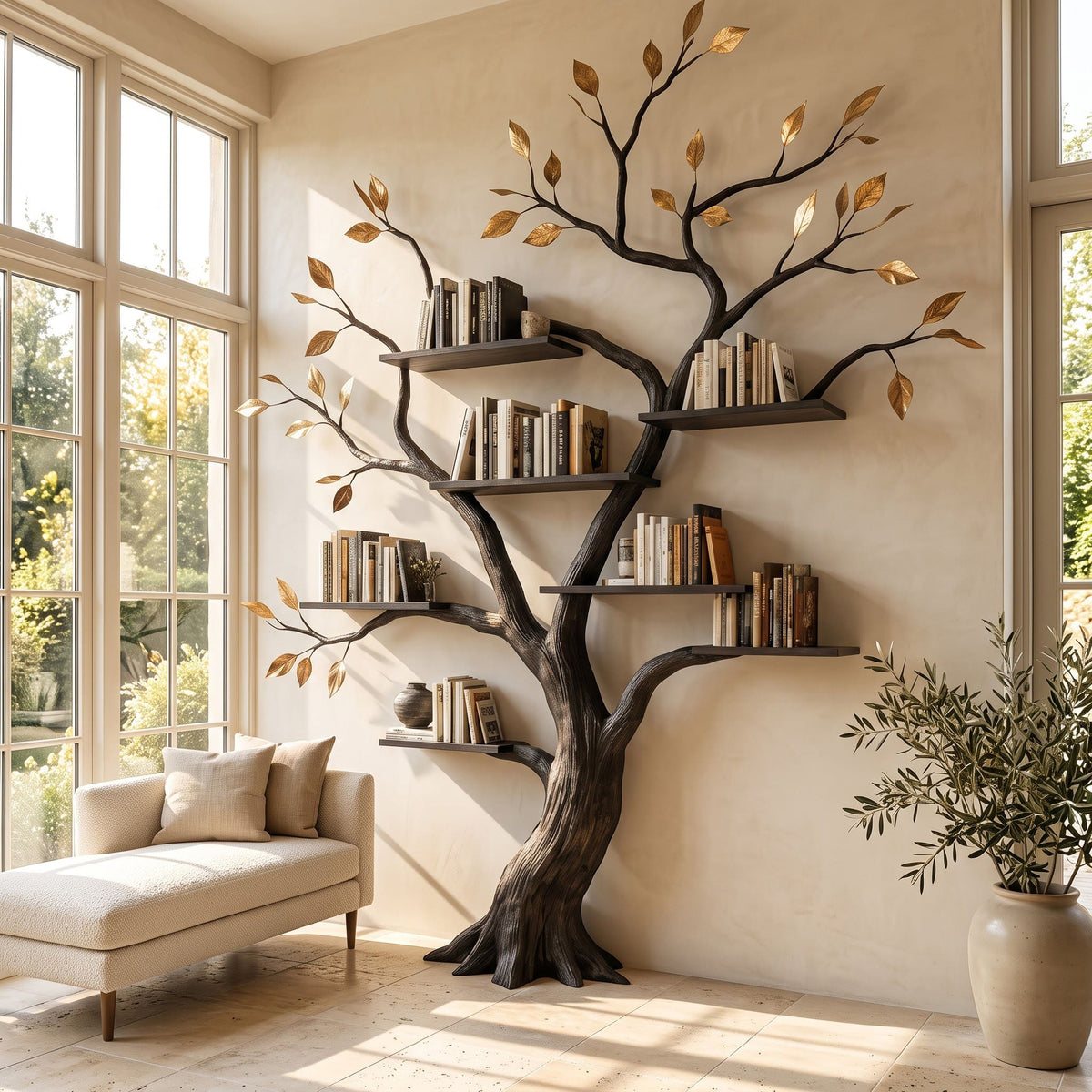 Authentic Hand-Carved Solid Wood Tree Bookshelf - Sculptural Wall Library