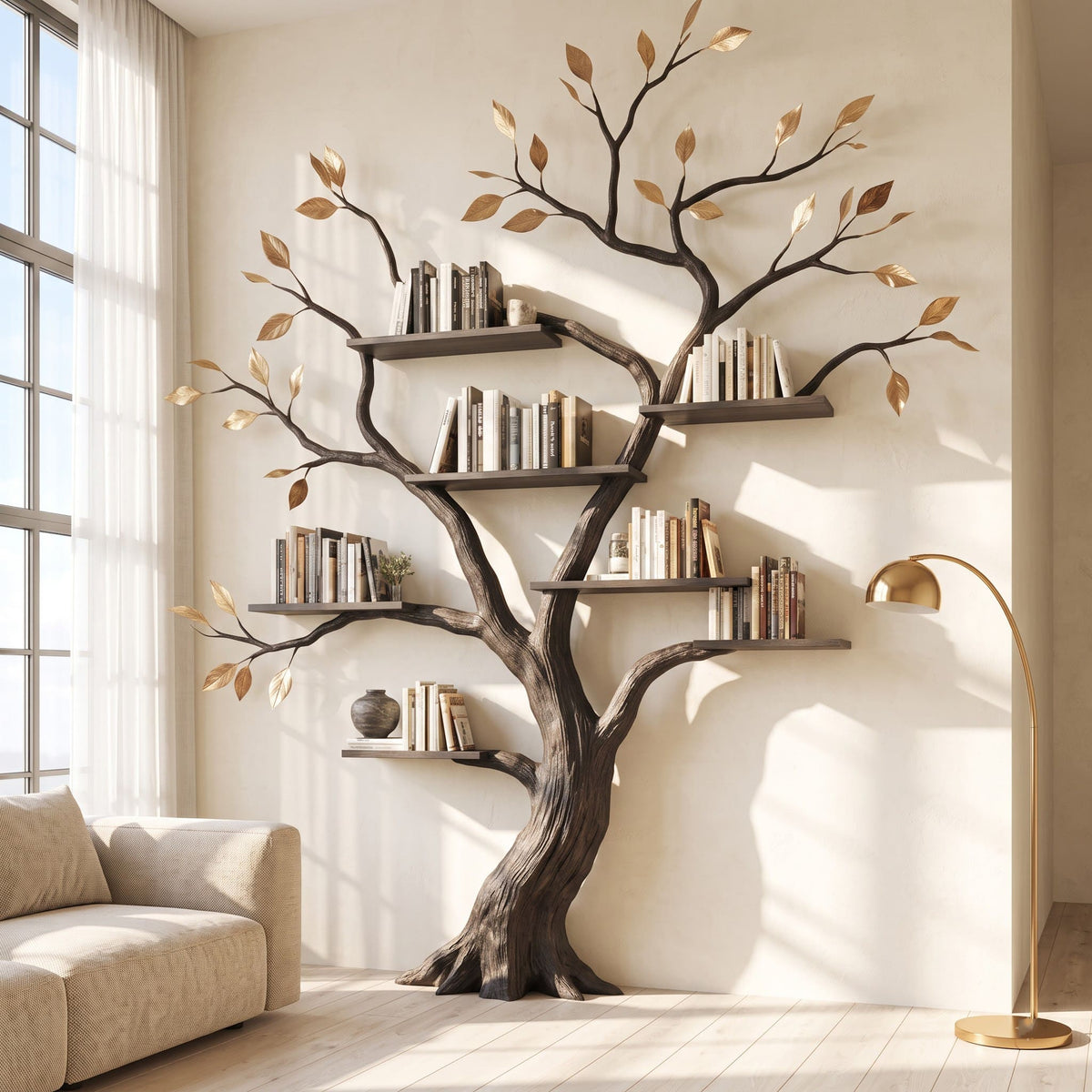 Authentic Hand-Carved Solid Wood Tree Bookshelf - Sculptural Wall Library