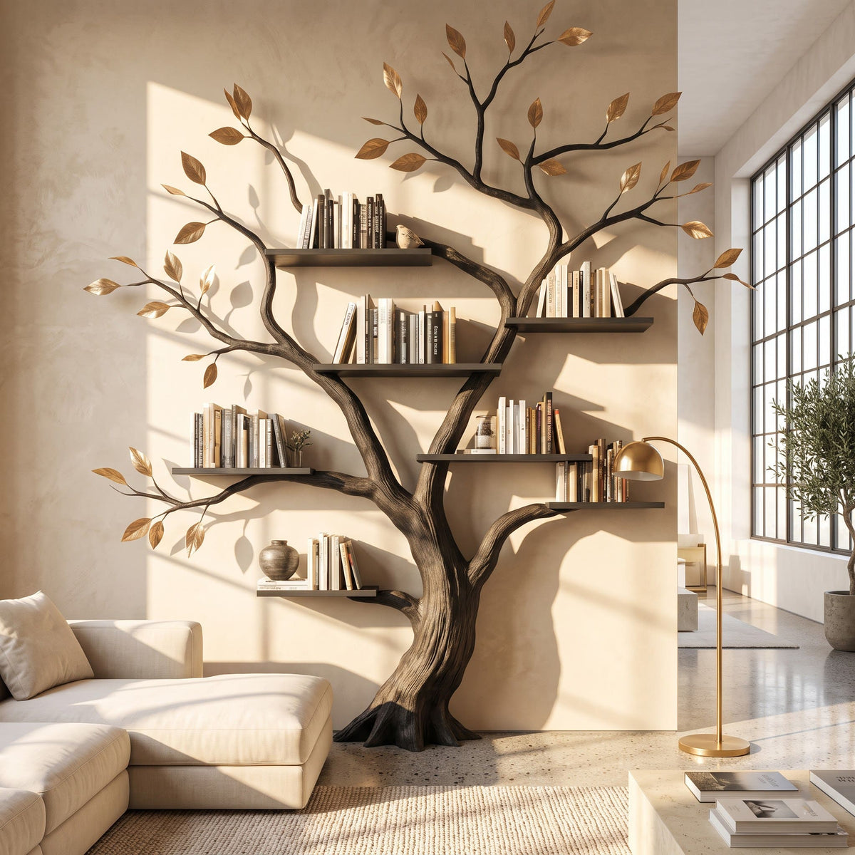 Authentic Hand-Carved Solid Wood Tree Bookshelf - Sculptural Wall Library