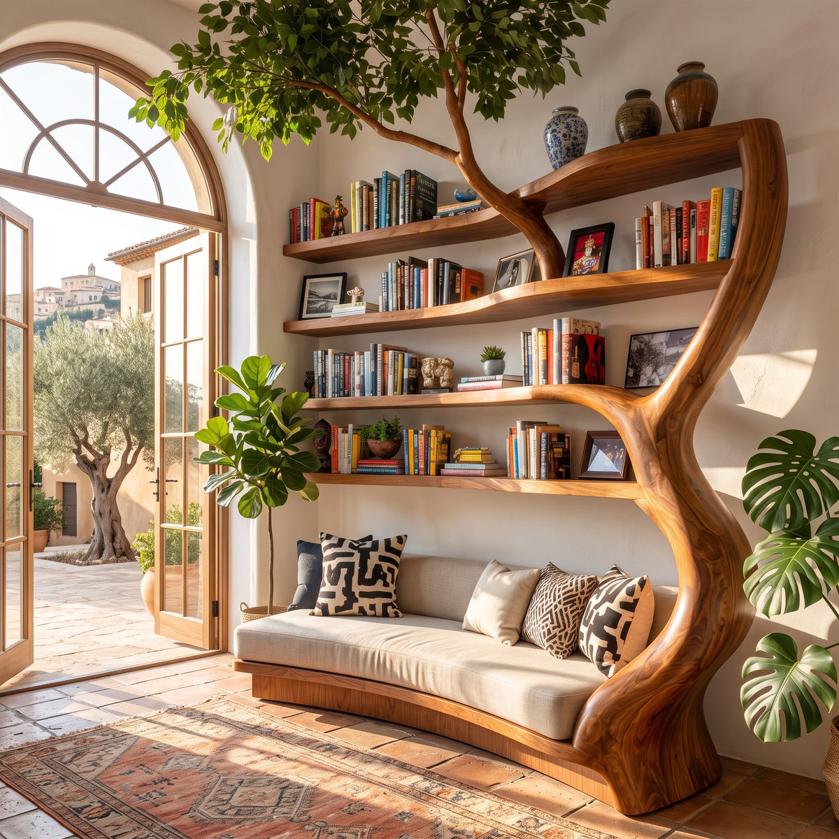 Authentic hand-carved tree bookshelf daybed in solid wood