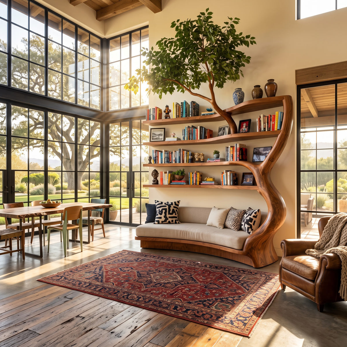 Contemporary solid wood tree-shaped daybed with integrated shelves placed in a sunlit loft lounge