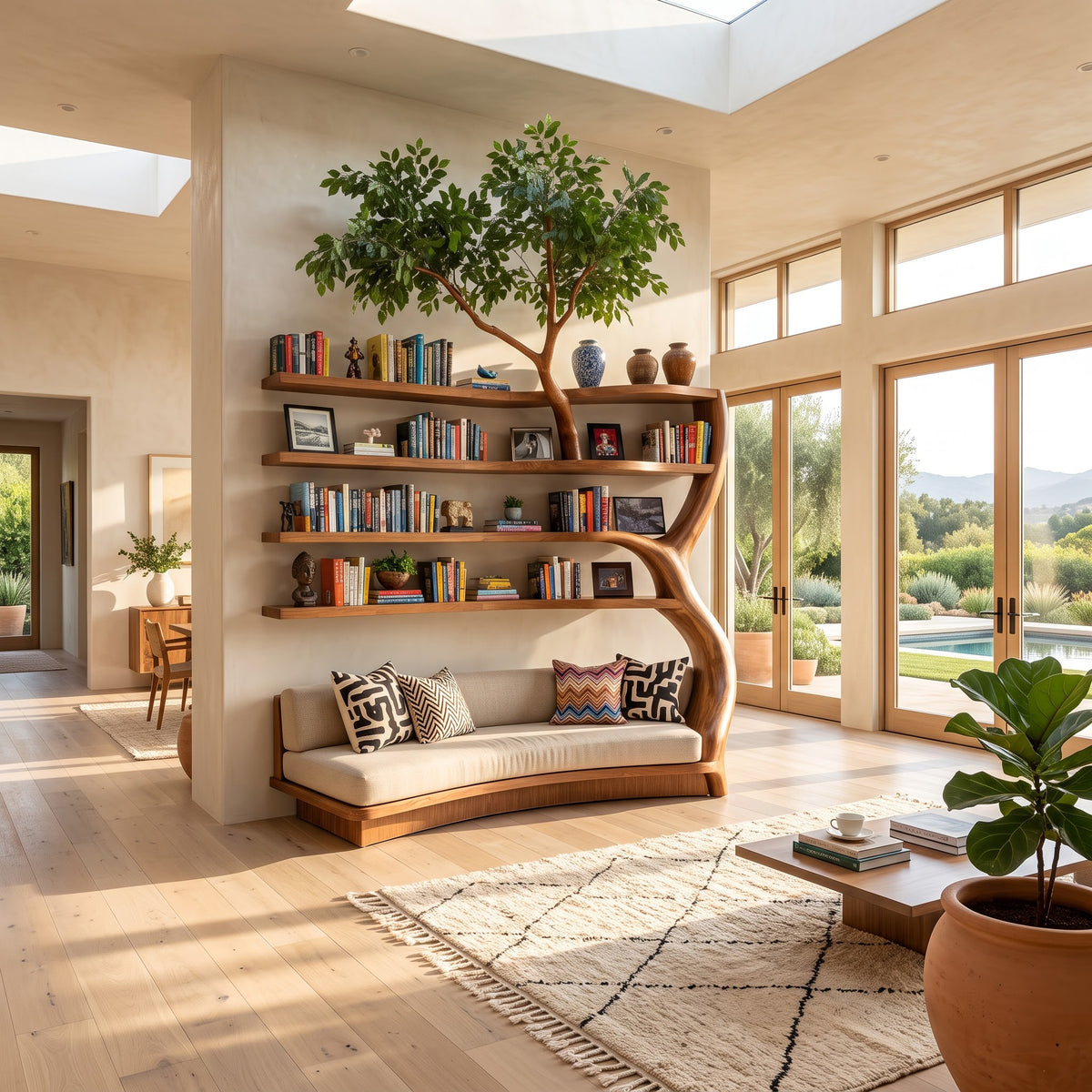 Artisanal solid timber reading daybed and branching bookcase elevating a luxury living room