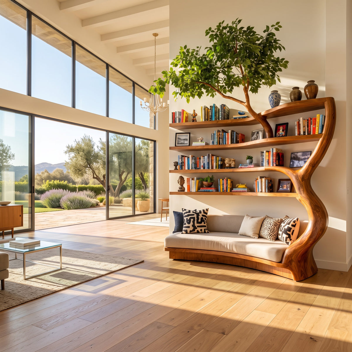 Sculptural natural wood lounge library daybed for an elegant living room