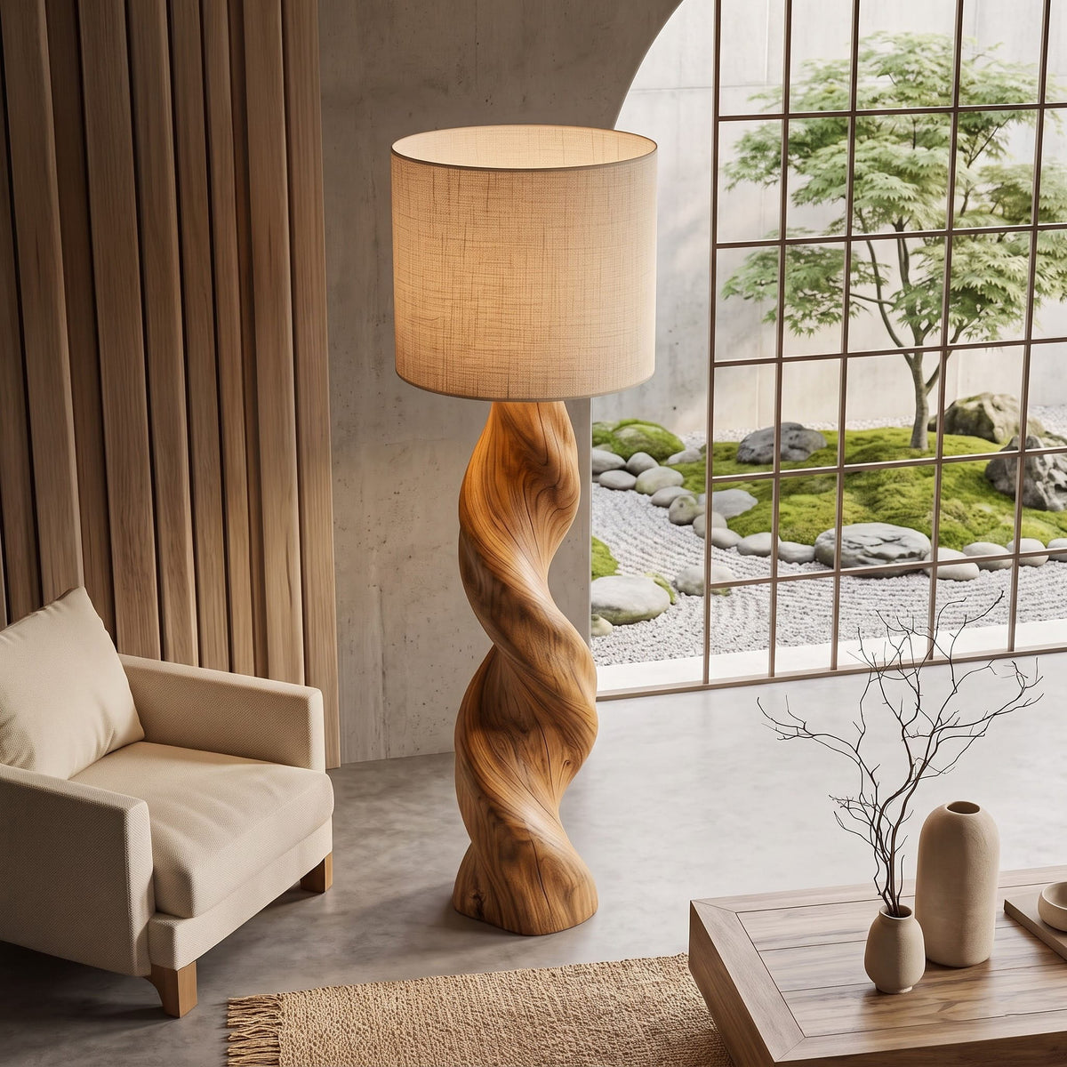 Authentic hand-carved twisted floor lamp in solid wood