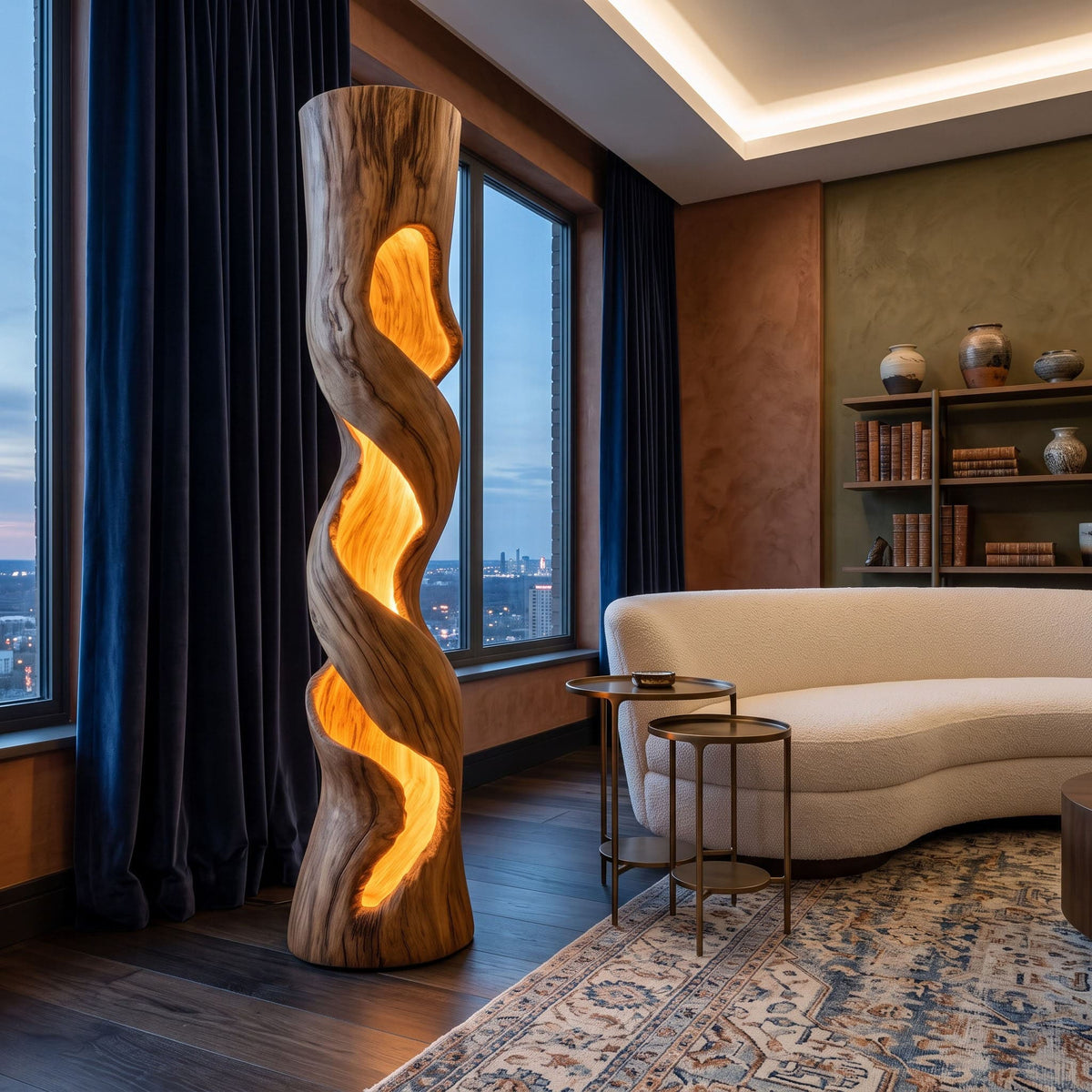 Authentic hand-carved solid wood twisted floor lamp in a contemporary living room