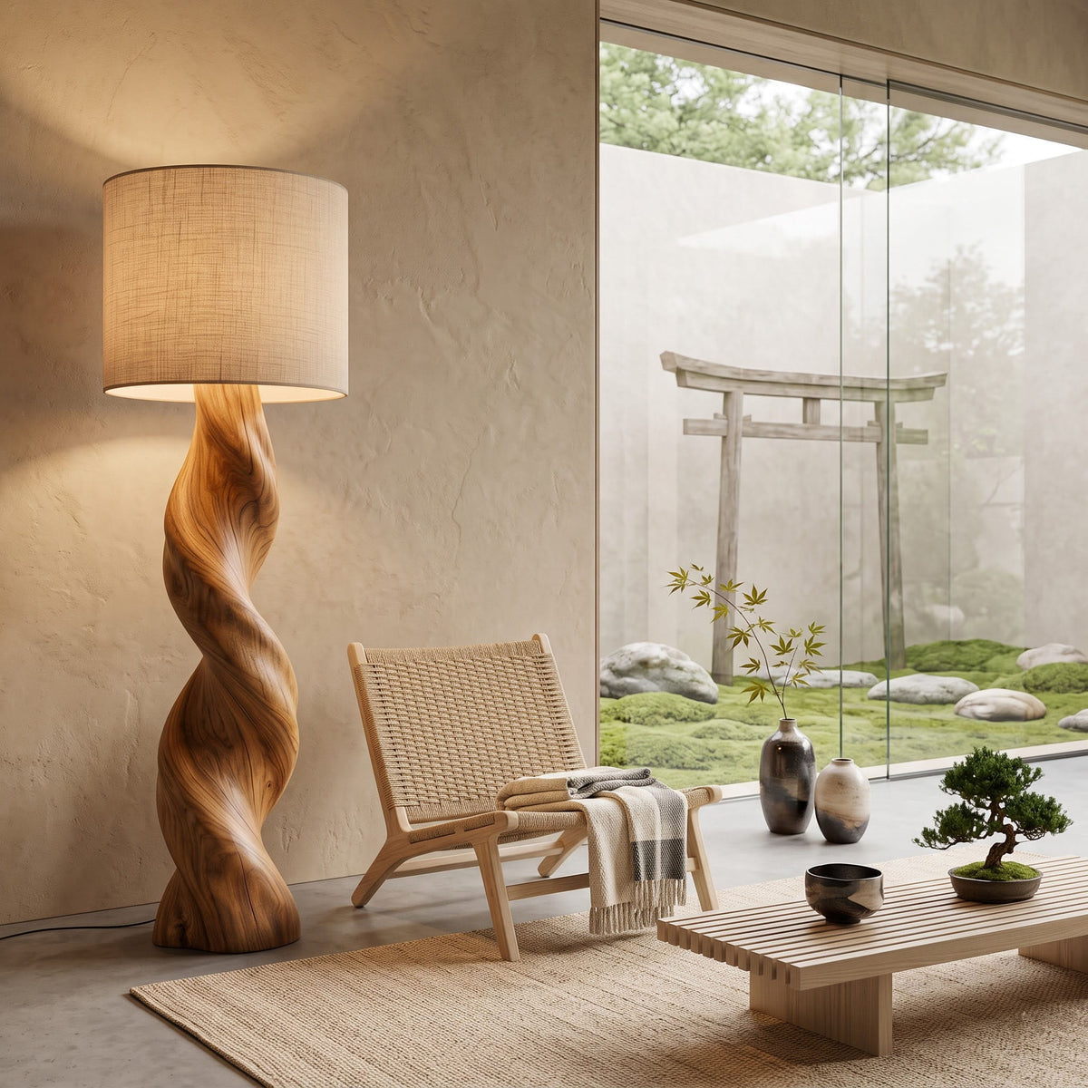 Authentic hand-carved solid wood twisted floor lamp in a contemporary living room
