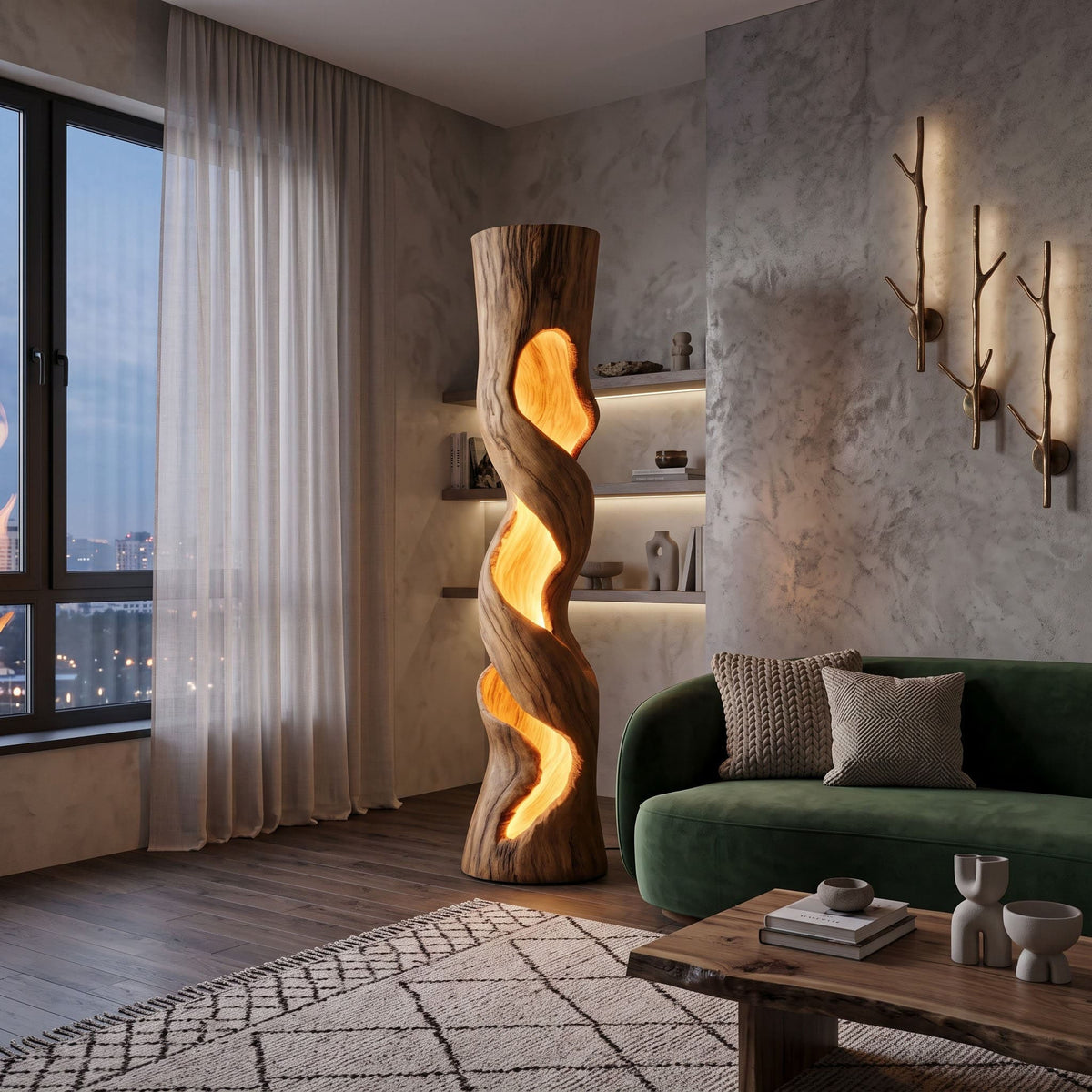 Sculptural solid wood timber column lamp with fabric shade in a modern lounge