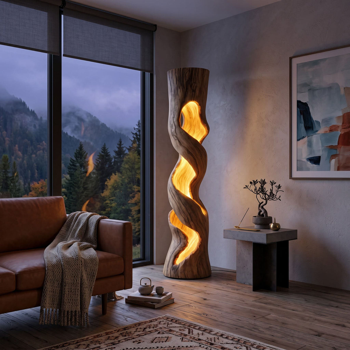 Organic solid wood twisted floor lamp displayed in a minimalist living space