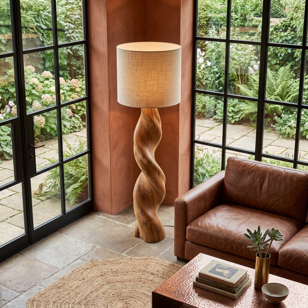 Sculptural solid wood timber column lamp with fabric shade in a modern lounge