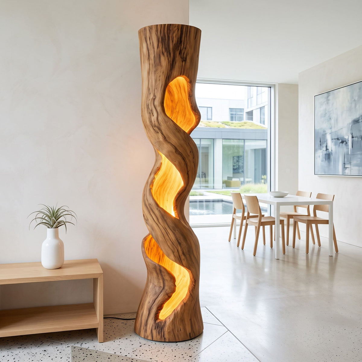 Artistic solid wood column lamp enhancing a contemporary home interior