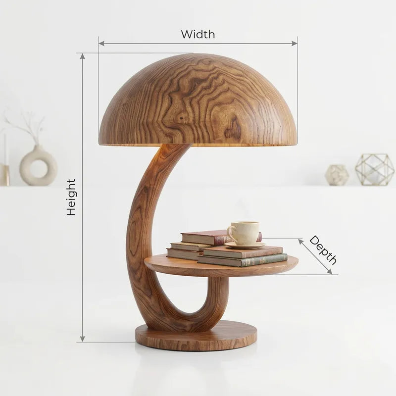 Authentic Hand-Carved Solid Wood Mushroom Lamp Side Table - Sculptural Dual-Function Accent Light