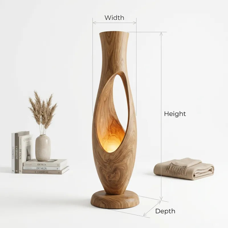 Authentic Hand-Carved Solid Wood Sculptural Floor Lamp - Monolithic Ambient Vessel