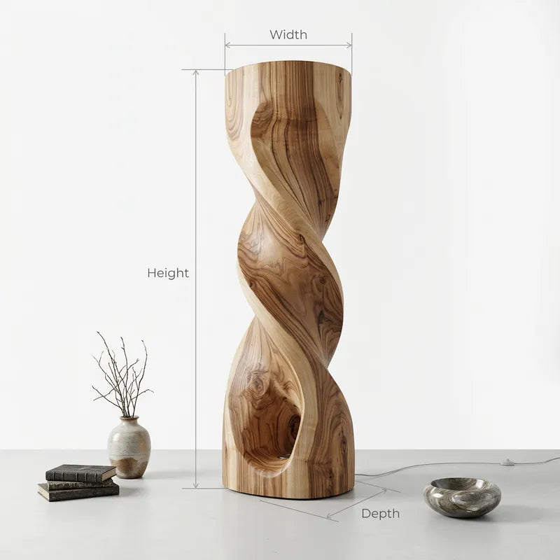 Authentic Hand-Carved Solid Wood Spiral Floor Lamp - Sculptural Ambient Light Pillar
