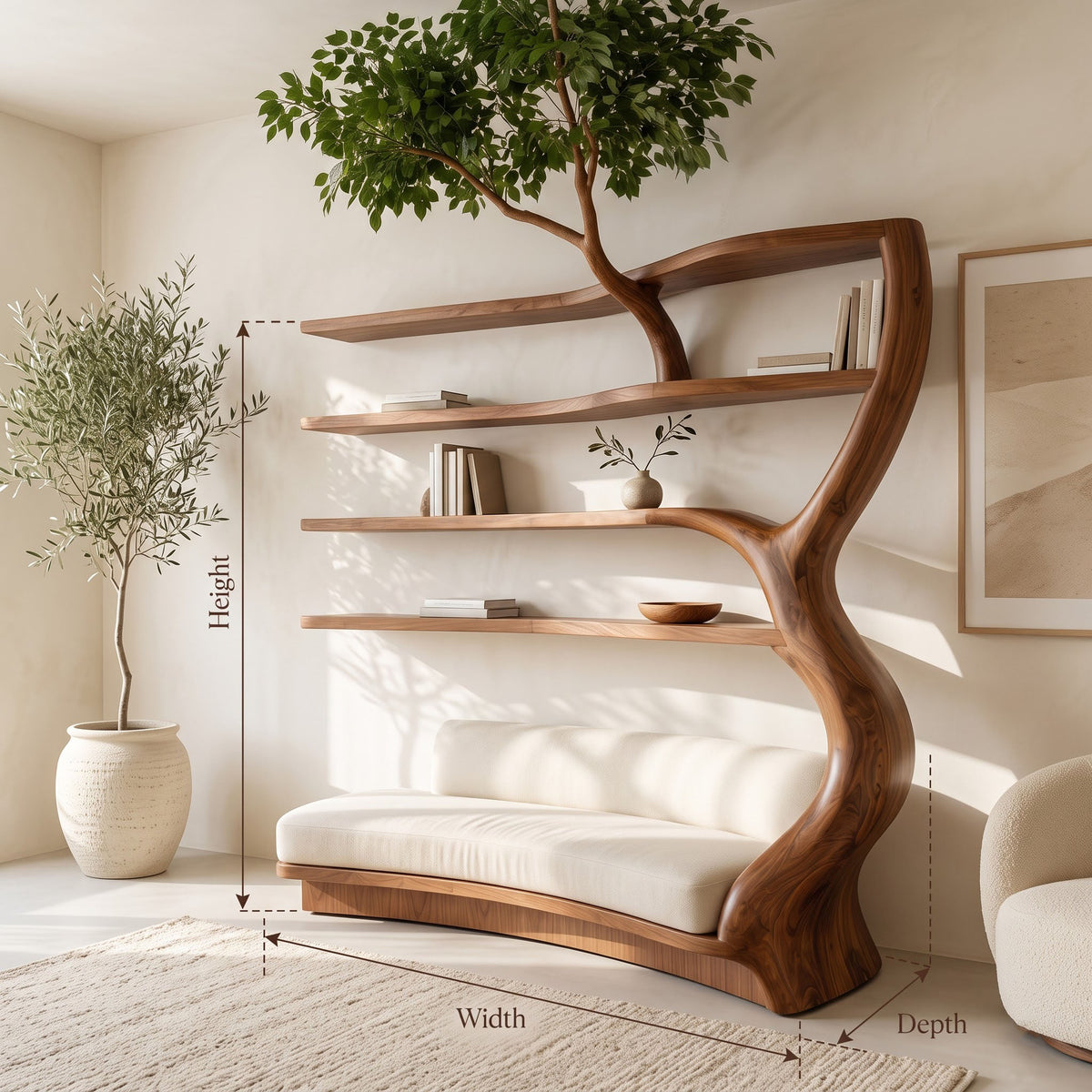 Authentic Hand-Carved Solid Wood Tree Bookshelf Daybed - Sculptural Lounge Library