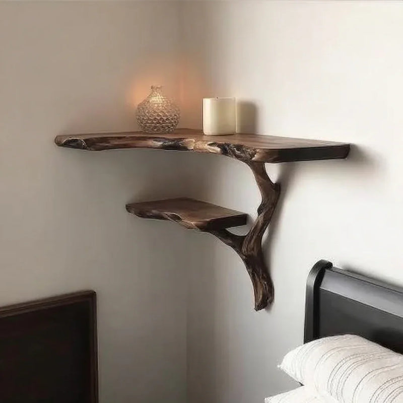 Bedroom floor plan layout showing optimal corner tree bookshelf placement for small rooms, Live edge floating wooden shelf with decorative candles on wall above a bed