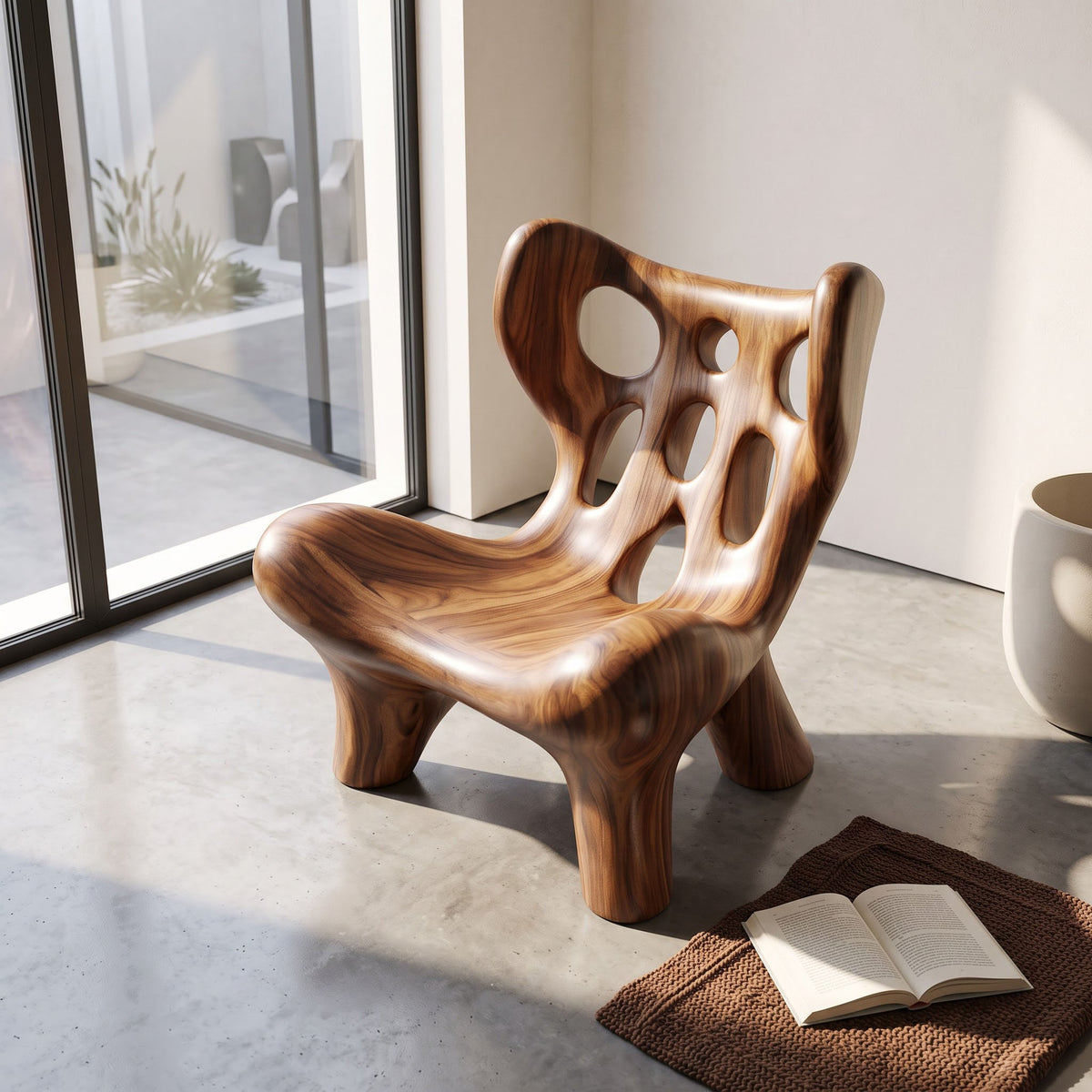 Biomorphic perforated accent chair in solid wood