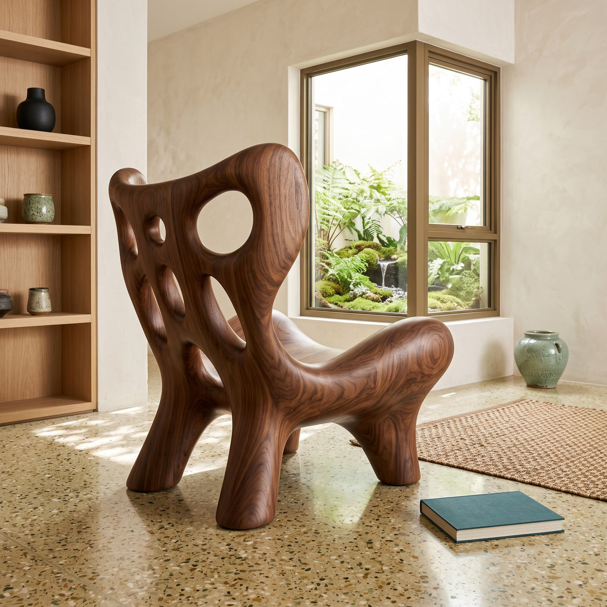 Sculptural solid wood perforated chair displayed in a minimalist reading nook