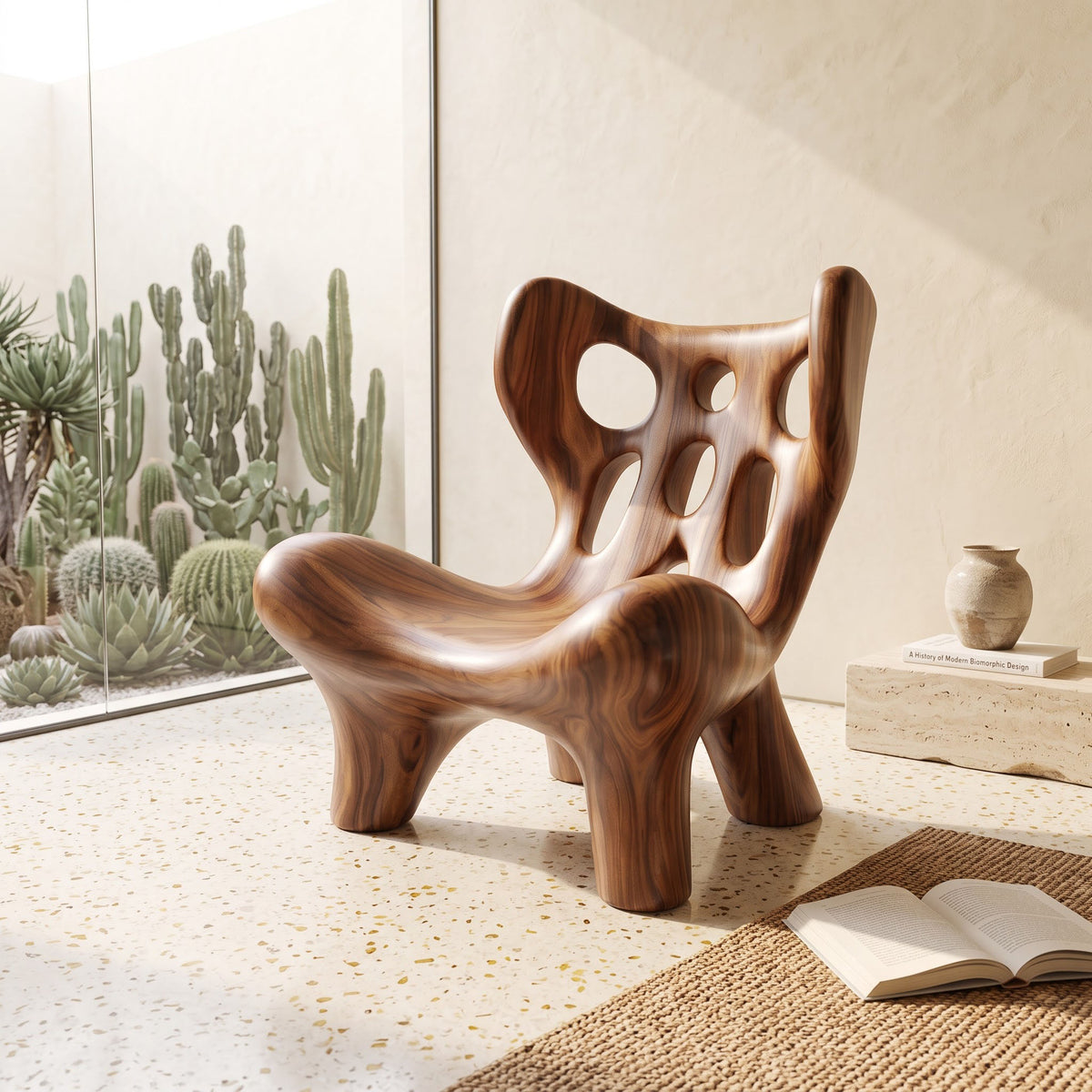 Organic solid wood sculptural accent chair showcased as a statement seating piece