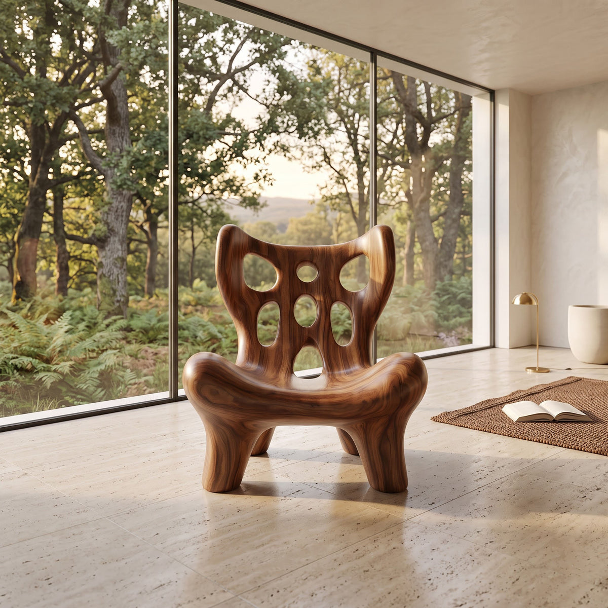 Fluid sculptural solid wood accent chair featured in a sophisticated contemporary interior