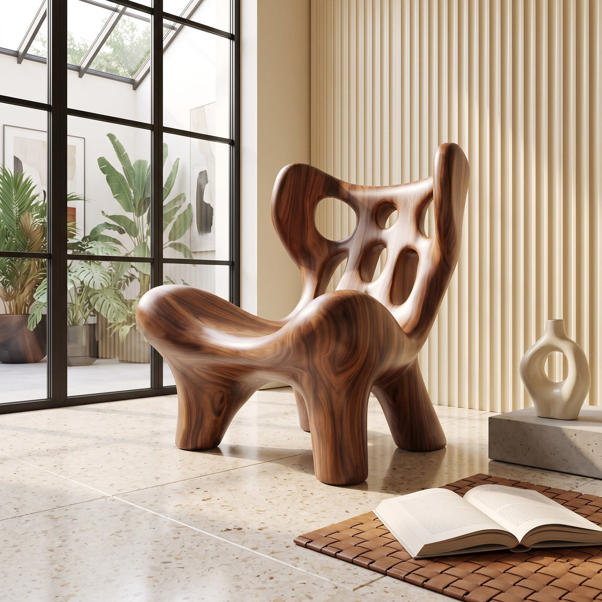 Biomorphic solid wood lounge chair enhancing a contemporary home interior