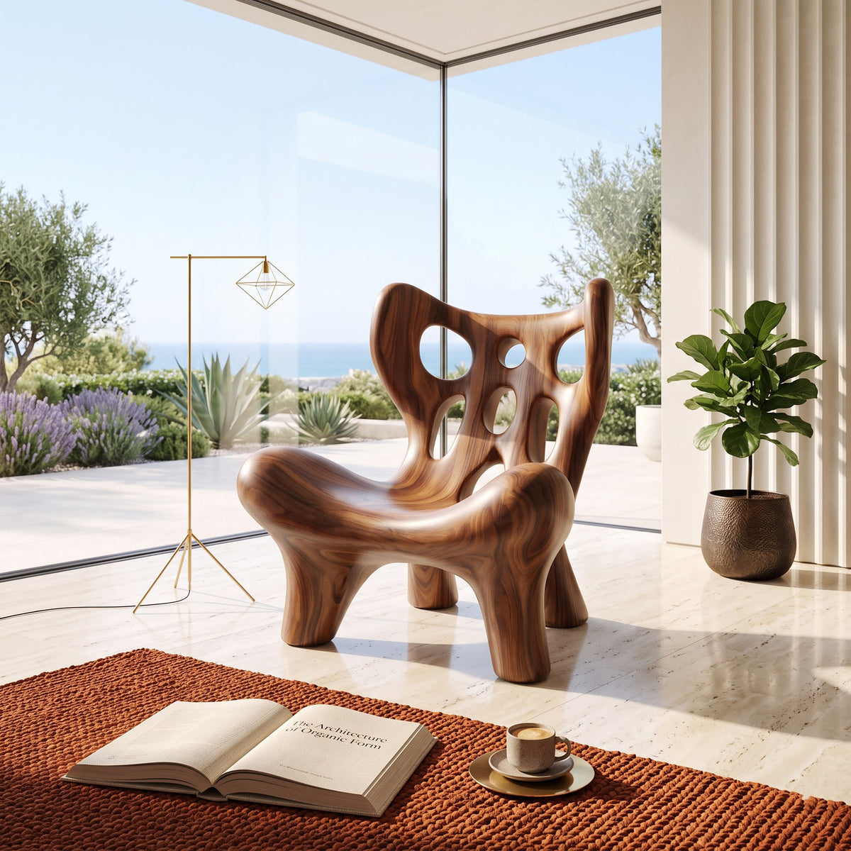 Perforated solid wood lounge chair styled in an elegant modern living space