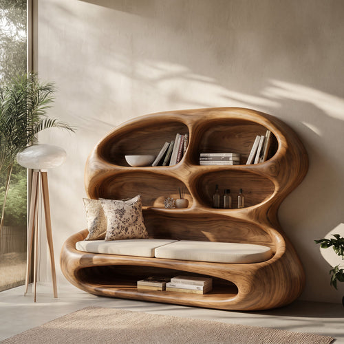 Biomorphic Solid Wood Lounge Daybed & Bookshelf - Integrated Sculptural Bench