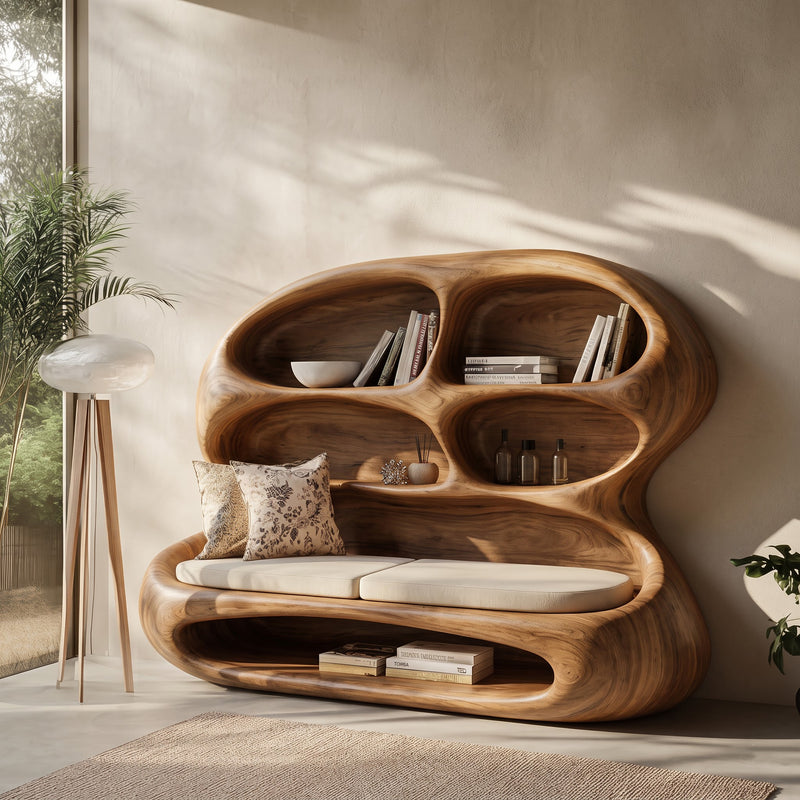 Modern sculptural lounge daybed with built-in bookcase made from natural solid wood