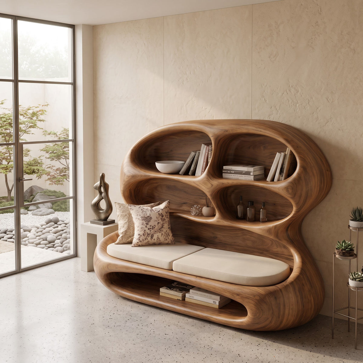 Artisanal natural timber sculptural lounge bench with book display styled in an entryway