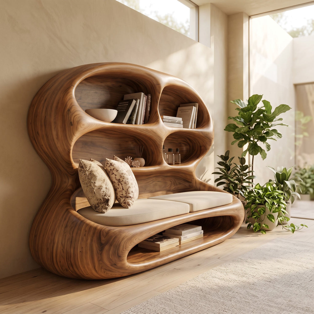 Biomorphic solid wood lounge daybed with bookshelf styled in a bright entryway foyer