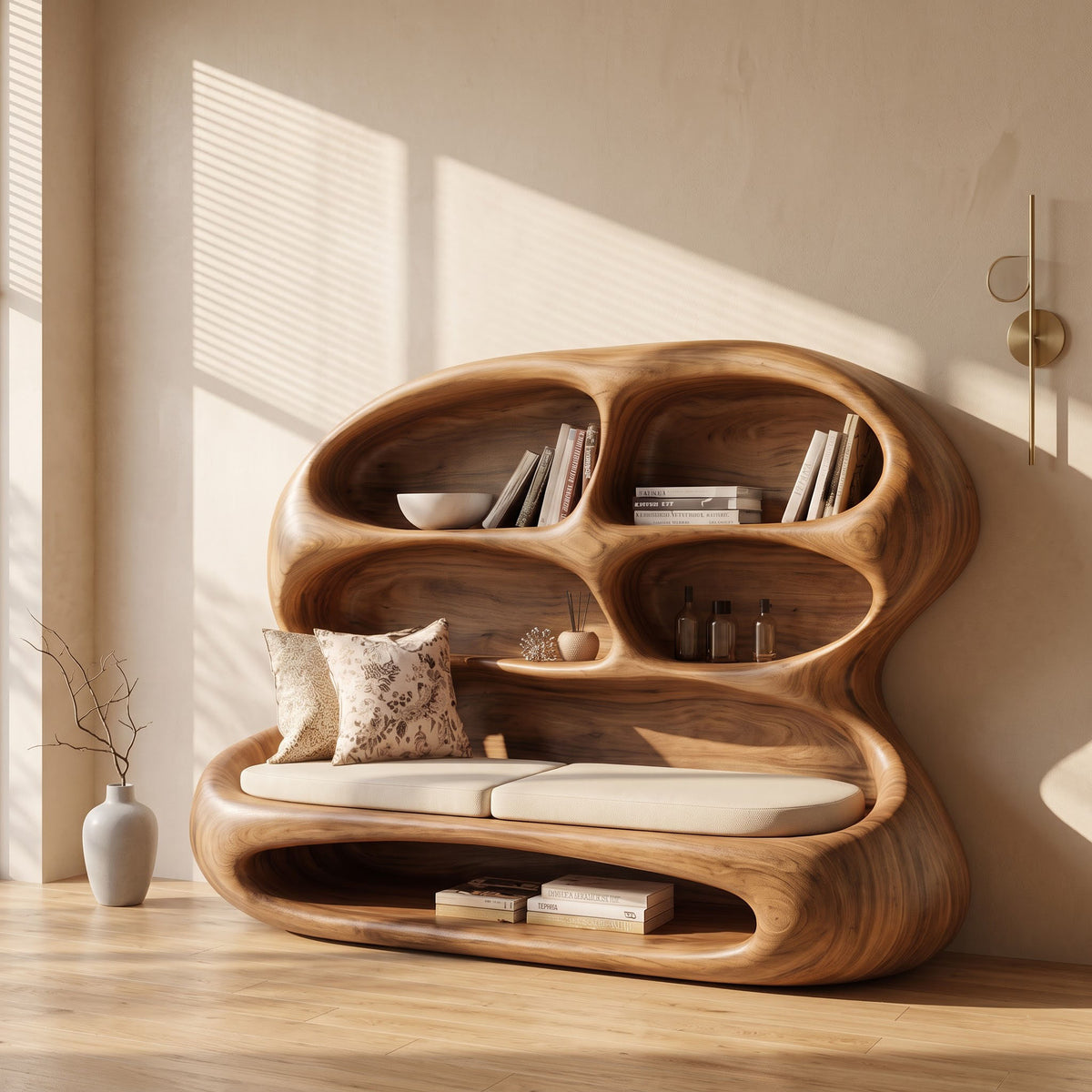 Contemporary solid timber biomorphic lounge bench placed beside a mirror in an open-concept entryway