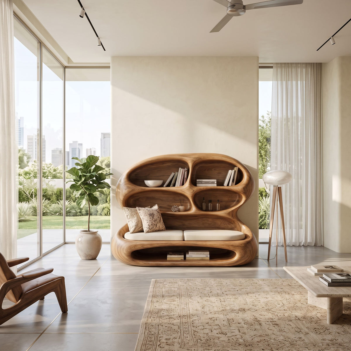 Biomorphic solid wood lounge daybed styled with books and cushions in a modern living room