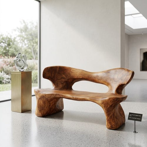 Biomorphic Solid Wood Sculptural Bench - Hand-Carved Fluid Form Art Settee