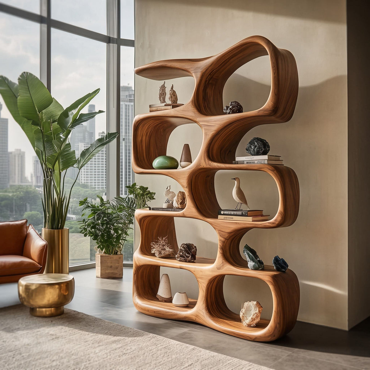 Biomorphic sculptural display shelf and room divider in solid wood