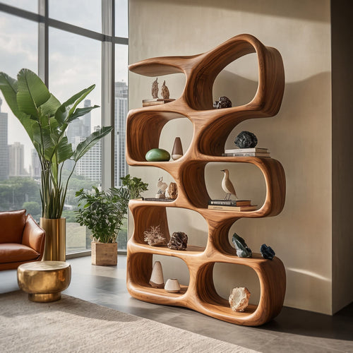 Biomorphic Solid Wood Sculptural Display Shelf - Organic Multi-Niche Room Divider
