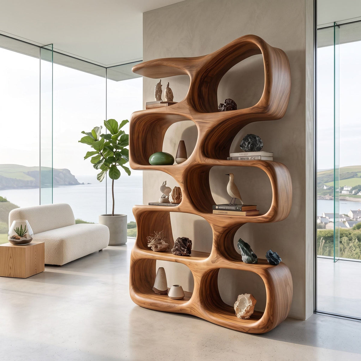 Organic natural wood multi-niche room divider for an elegant entryway partition